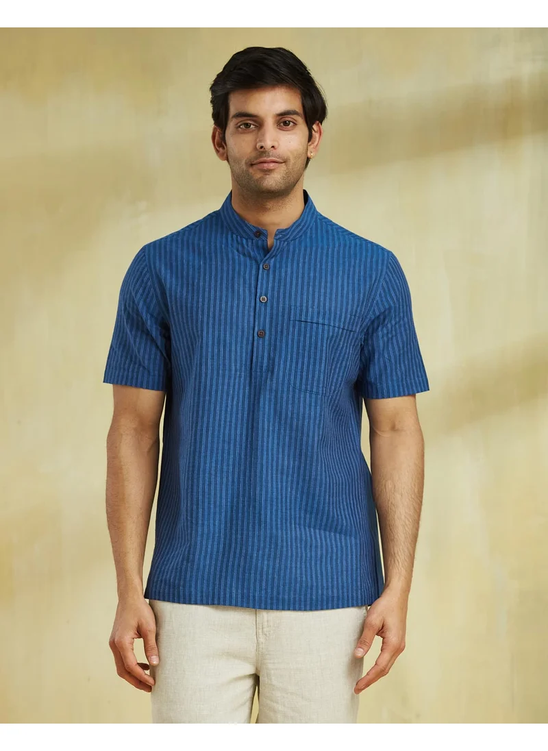 فاب انديا Blue Cotton Striped Mid Placket Shirt