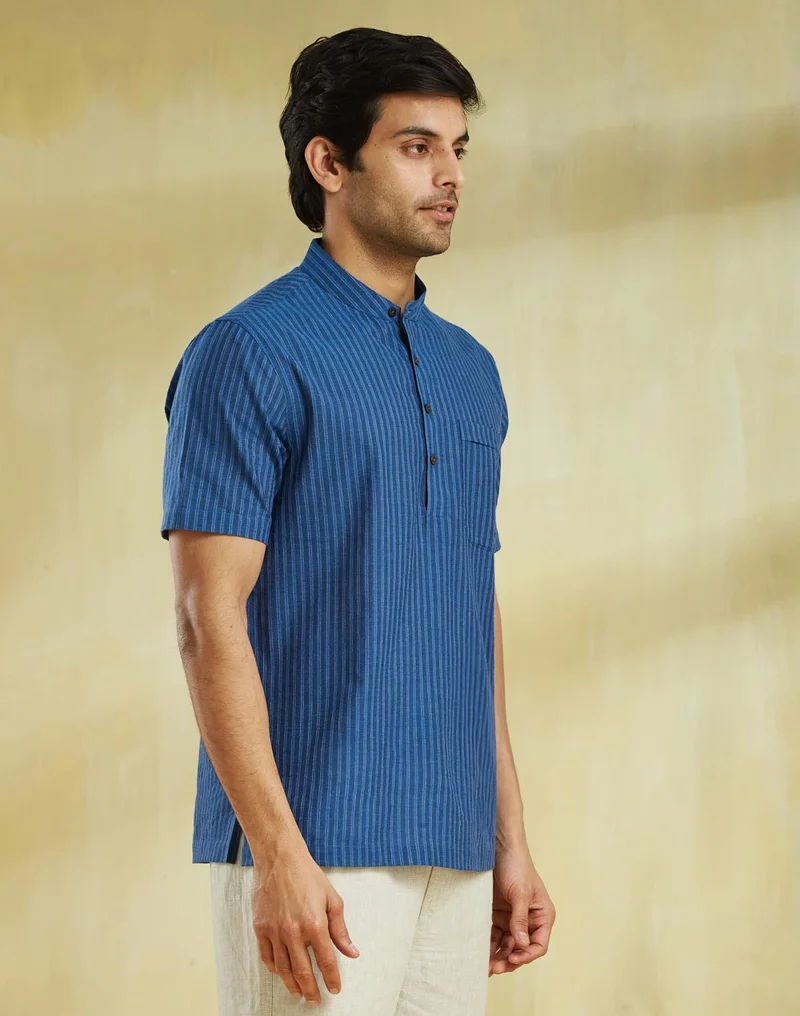Fabindia Blue Cotton Striped Mid Placket Shirt