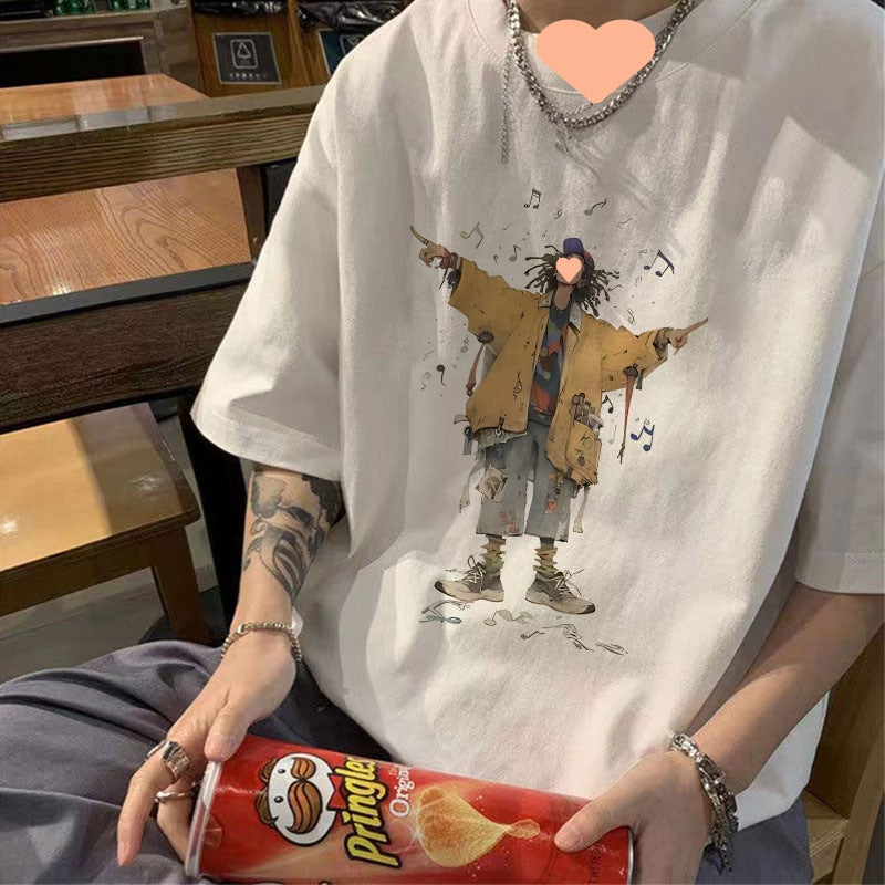 Summer New Boys Handsome Short-sleeved T-shirt National Trendy Hong Kong Style Half-sleeved Clown Printed Wide Round Neck Half-sleeved Top - Image 2