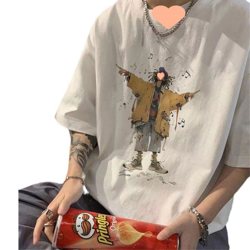 Summer New Boys Handsome Short-sleeved T-shirt National Trendy Hong Kong Style Half-sleeved Clown Printed Wide Round Neck Half-sleeved Top - Image 5