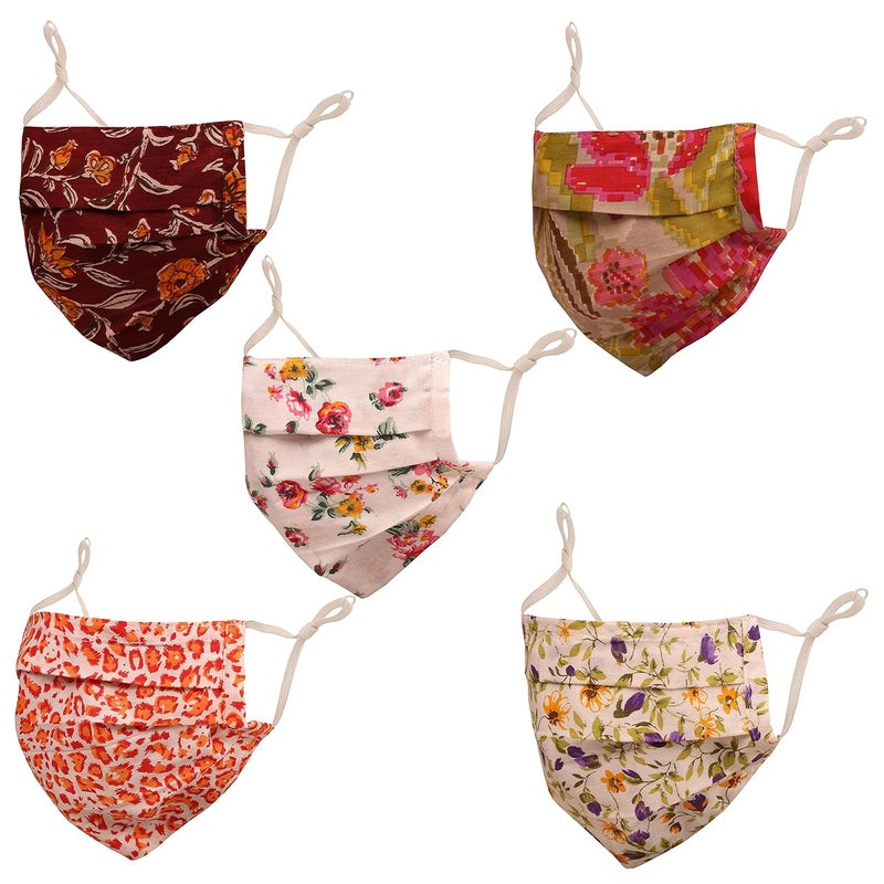 Touchstone Floral Fabric Adjustable filter pocket nose bridge 2 layer anti-pollution smog cold cough protective cotton face mask reusable washable for men, women (Pack of 5). Orange Yellow Pink Brown - Image 1
