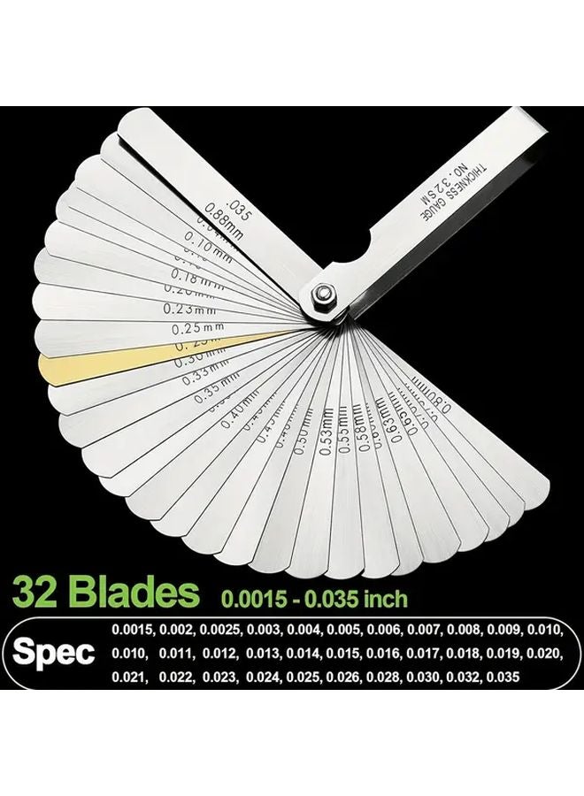 32 Blade Silvery Stainless Steel Feeler Gauge Set 0015 0035 Inch 04 088mm Metric Imperial - Image 2