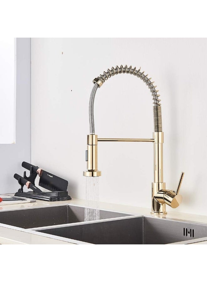 Luxury Gold Spring Kitchen Faucet with Pull Down Spray | Commercial Style Sink Mixer Tap | High Arc Brass Kitchen Faucet with Dual Spray Function - Image 2
