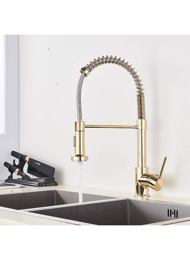 Luxury Gold Spring Kitchen Faucet with Pull Down Spray | Commercial Style Sink Mixer Tap | High Arc Brass Kitchen Faucet with Dual Spray Function - Image 3