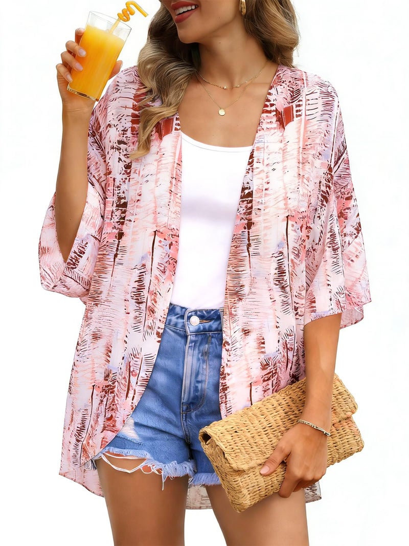 Womens Kimono Cardigans Beach Cover ups Swimwear Puff Sleeve Loose Casual Summer Tops (Pink White Stripes,L)