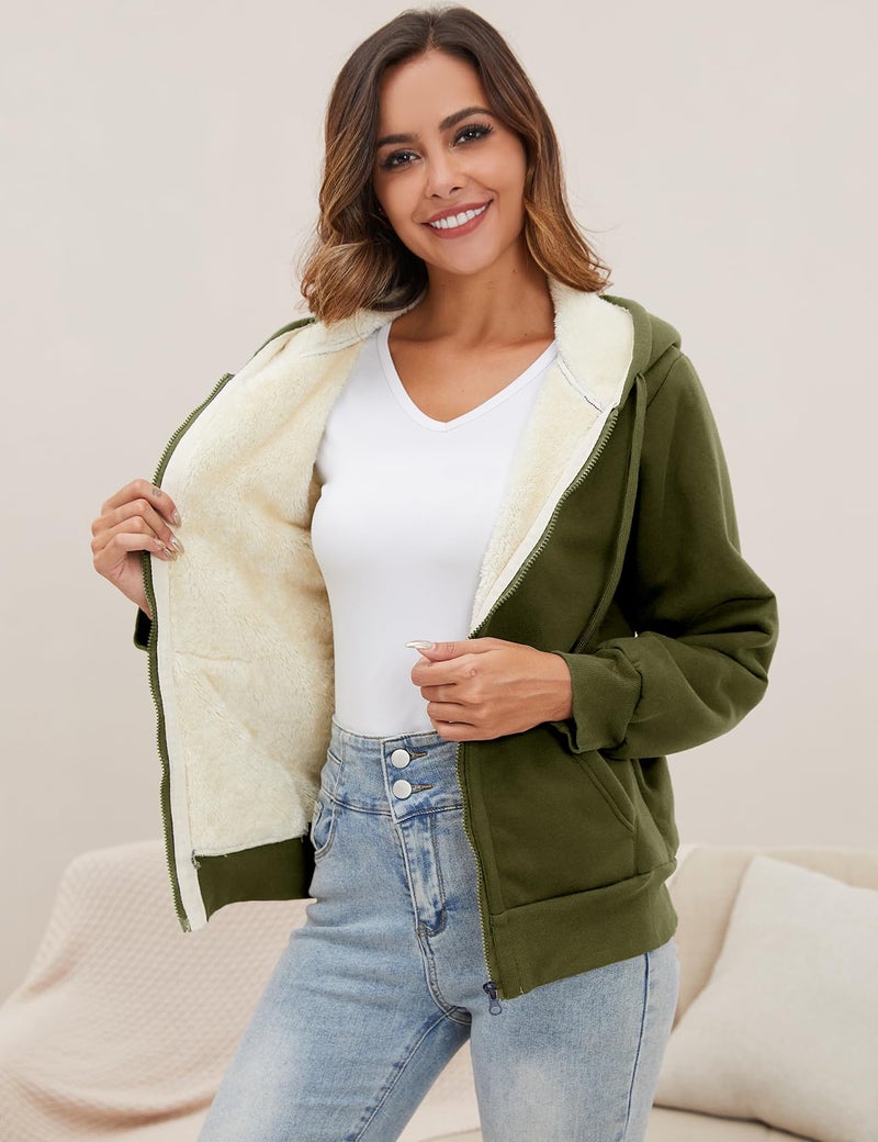 Gihuo Women's Sherpa Lined Hooded Sweatshirt Zip Up Winter Warm Hoodie Comfy Hooded Fleece Jacket (US, Alpha, Large, Regular, Regular, ArmyGreen) - Image 4
