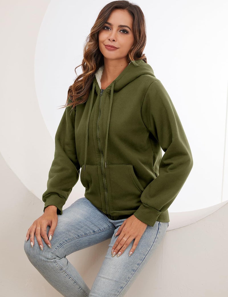 Gihuo Women's Sherpa Lined Hooded Sweatshirt Zip Up Winter Warm Hoodie Comfy Hooded Fleece Jacket (US, Alpha, Large, Regular, Regular, ArmyGreen) - Image 2