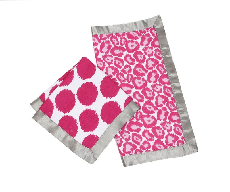 Bacati - Ikat Muslin 2 Pc Security Blankets (Grey/Bright Pink) - Image 5
