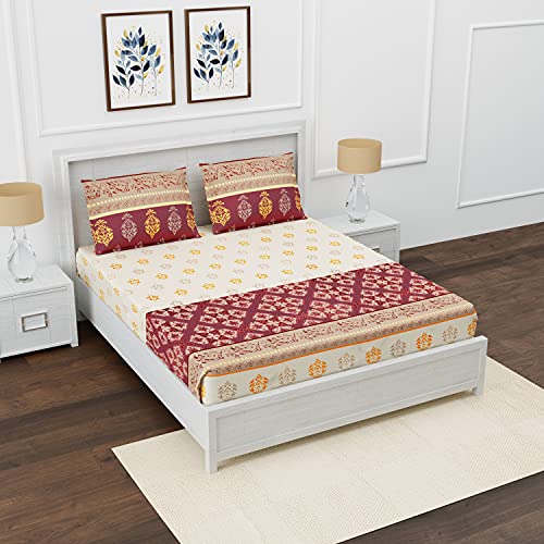ACHIR 180 TC Fitted 100% Cotton Premium Printed Twin Size Bedsheet (48x78 Inches) with 1 Pillow Cover, Maroon & Golden - Image 2