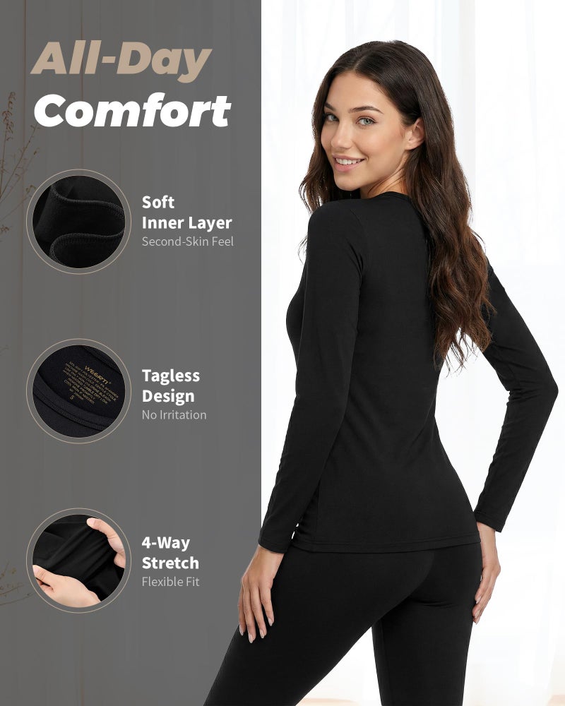 WEERTI Thermal Underwear for Women Long Johns with Fleece Lined Base Layer Women Cold Weather Top Bottom Black - Image 2