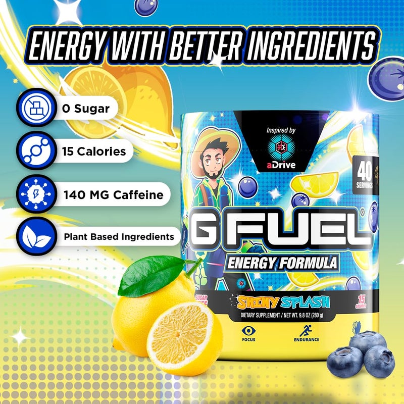 G Fuel aDrive Energy Drink Powder, Pre Workout Caffeine Mix for Gaming, Sugar Free Focus Amino, Vitamin + Antioxidants, 9.9oz (Blueberry & Lemonade, 40 Servings) - Image 2