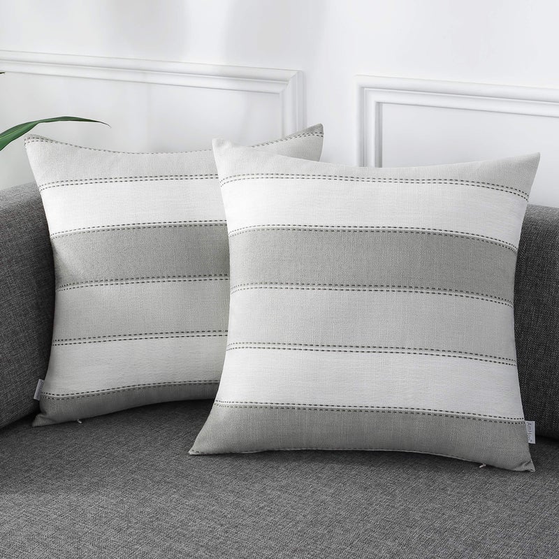 AmHoo Pack of 2 Farmhouse Stripe Check Throw Pillow Covers Set Case Cotton Linen Decorative Pillowcases Cushion Cover for Couch Bench Sofa 18x18Inch Light Grey Beige