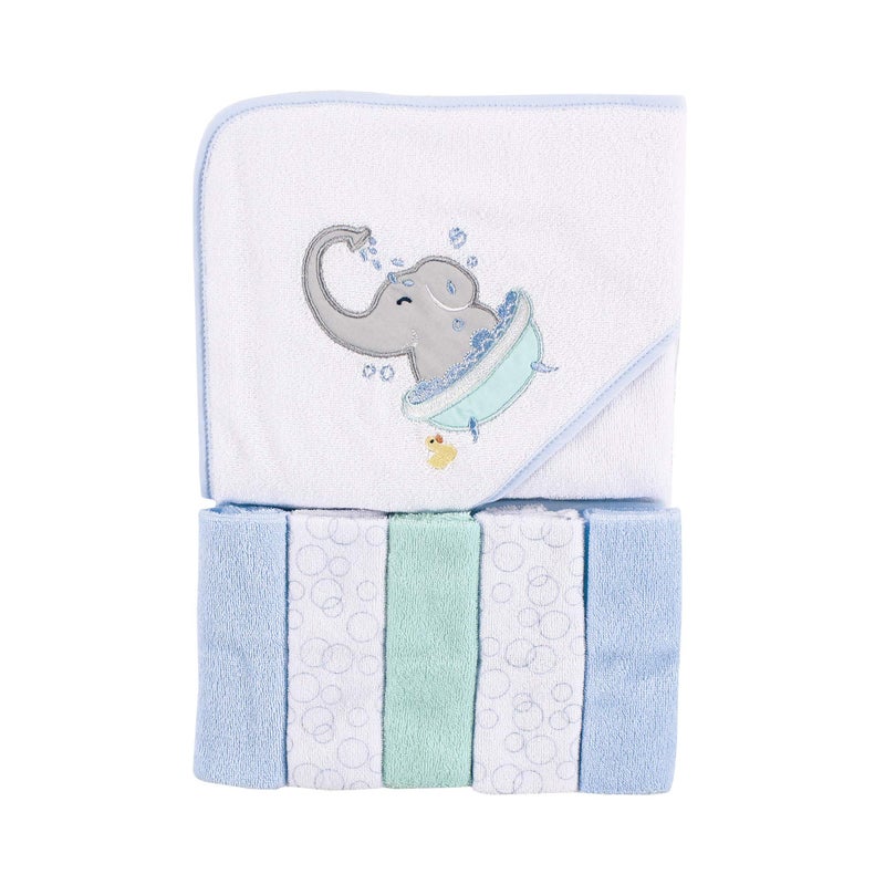 Luvable Friends Unisex Baby Hooded Towel with Five Washcloths, Elephant Bath, One Size - Image 1