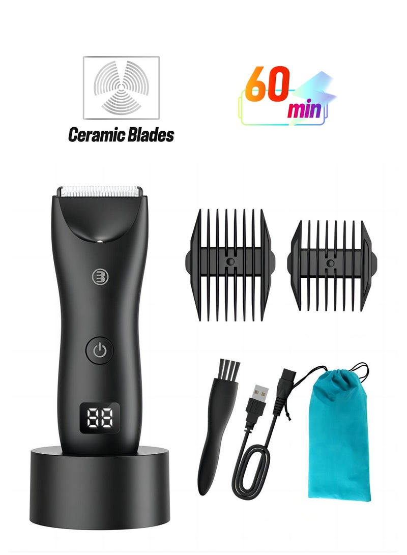 SYOSI Electric Hair Clippers for Men, Waterproof Pubic Hair Trimmer with LED Display, Cordless Groin Body Hair Trimmer Kit, Professional Body Groomer and Beard Shaver with USB Recharge Dock(Black) - Image 1