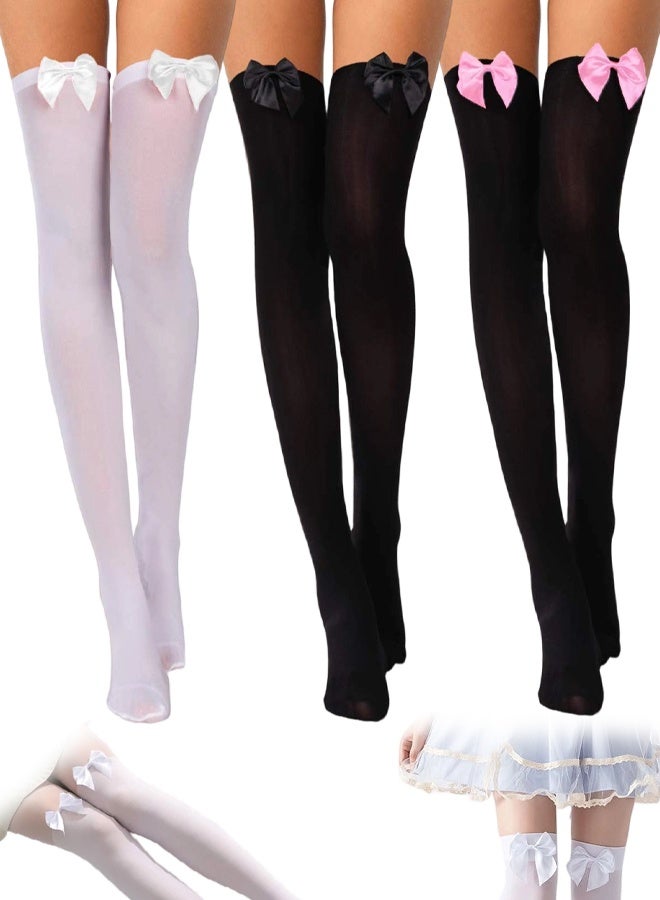 3 Pairs Satin Bow Accent Thigh Highs, Cute Satin Bow, Elastic Breathable Nylon, For Parties, Weddings, Everyday Wear - Image 1