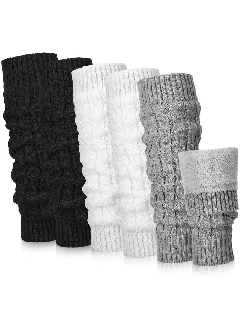 Chuarry 3 Pairs Winter Fleece Lined Leg Warmer for Women Skating Leg Warmer Long Boot Socks for Women Skating Every Day Wear Cable Knit Pattern Black Gray White