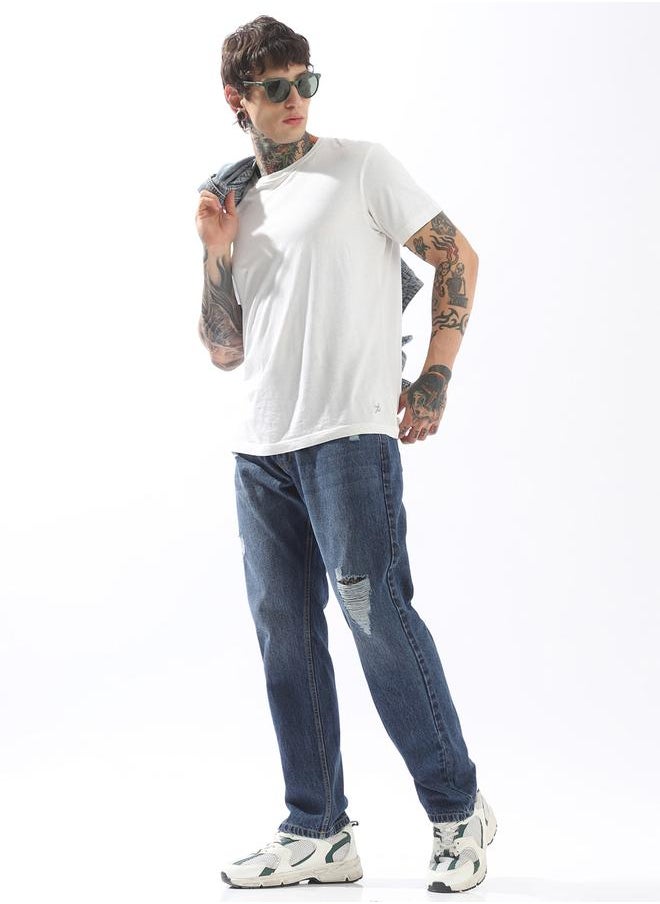 HIGH STAR - Men Relaxed Straight Fit Mid-Rise Light Fade Distress Knee Cotton Jeans - Image 1