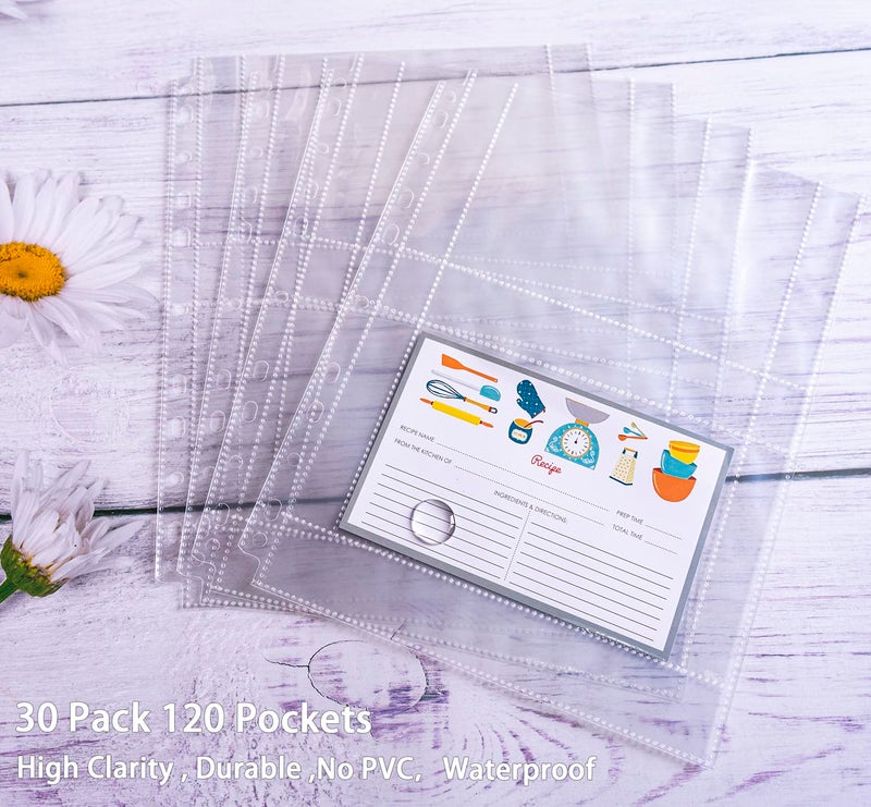 Zofly 30 Pack 120 Pockets 4x6 Recipe Card Sleeves,3 Ring Binder Recipe Card Protector Pages,Double Sided 2 Pocket Refill Sheets for Recipe Book, 8.5x11 Inch Top Loading Clear Sleeve Sheets - Image 2