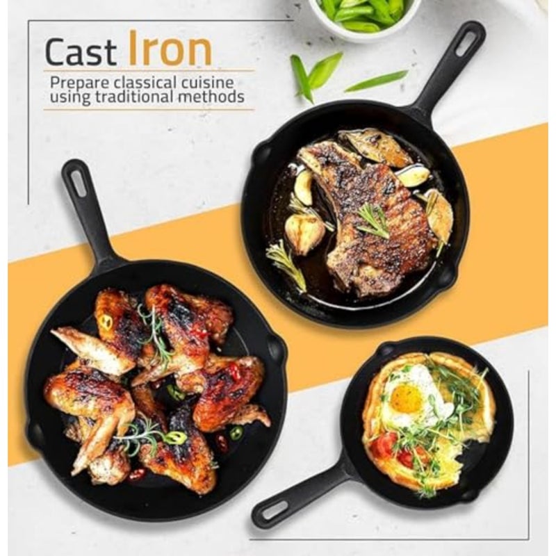 3-Piece Cast Iron Frying Pan Set 6.9"/8.5"/10" Skillets for Kitchen, Stove and Outdoor Cooking Non-Stick, Pre-Seasoned + Free Oil Brush and Spatula - Image 4