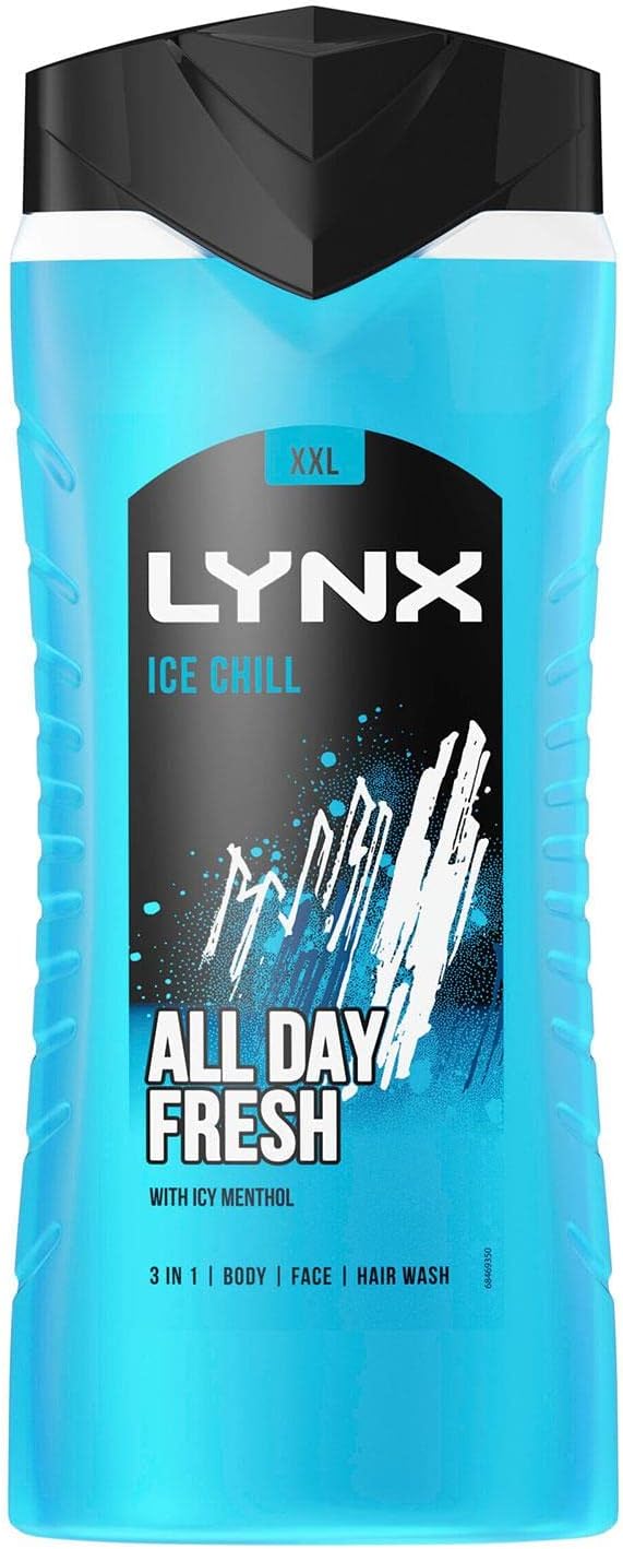 Lynx Men Ice Chill 3in1 Hair Face and Body Wash Shower Gel with plantbased prebiotics and 5x more moisturisers 500 ml