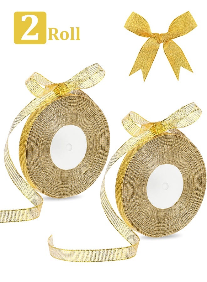 2 Rolls 2.5cm 50 Yards Golden Glitter Ribbon, Sparkly Metallic Fabric Ribbon for Gift Wrapping Wedding Birthday Christmas Party Decor - Image 1