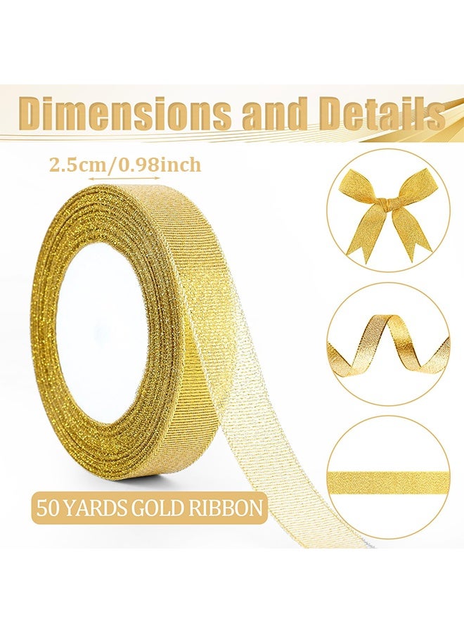 2 Rolls 2.5cm 50 Yards Golden Glitter Ribbon, Sparkly Metallic Fabric Ribbon for Gift Wrapping Wedding Birthday Christmas Party Decor - Image 2