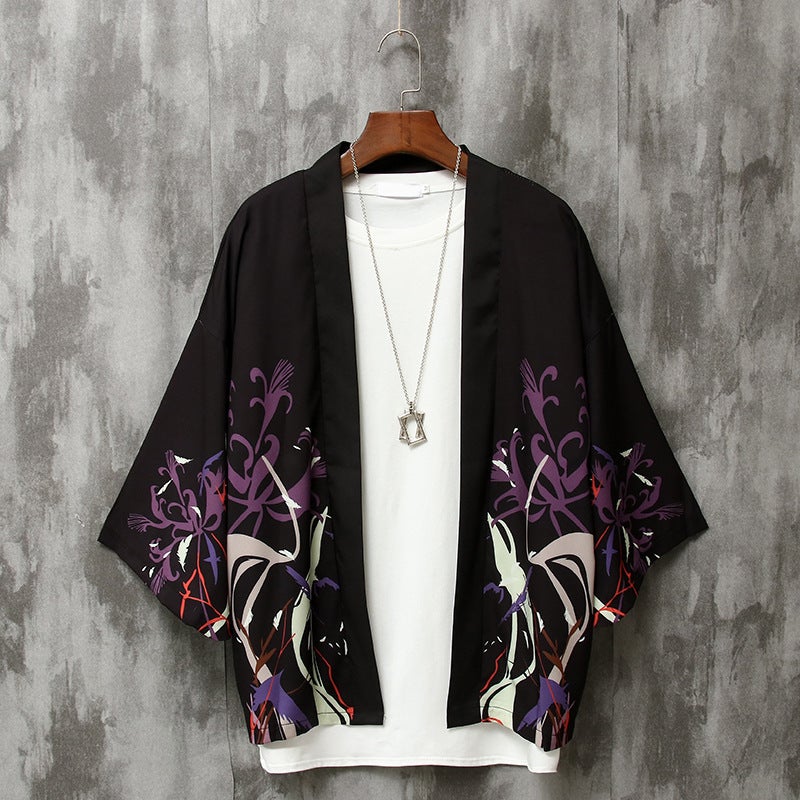 Summer Mens Loose 3/4 Sleeve Shirt Sun-Protective Thin Couple Robe Swallow White