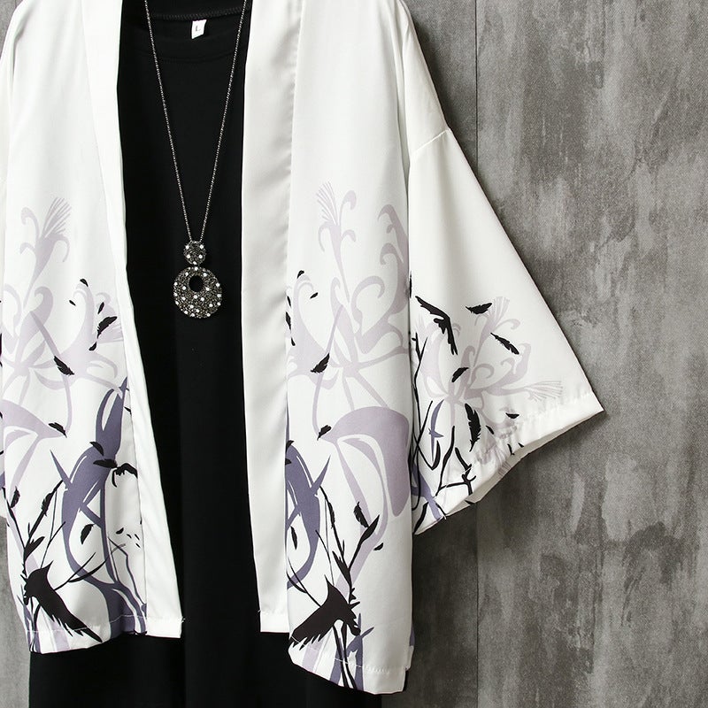 Summer Mens Loose 3/4 Sleeve Shirt Sun-Protective Thin Couple Robe Swallow White