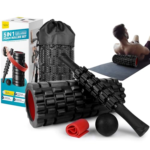 Krightlink 5 in1 Foam Roller Set for Deep Tissue Muscle Massage, High Density Fitness Exercise Foam Roller, Massage Roller, Massage Ball, Resistance Band, for Whole Body (Black) - Image 1
