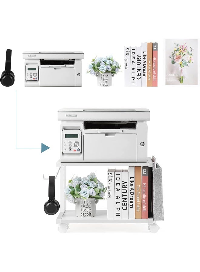 BTY Printer Stand Under Desk Printer Table With Wheels 2 Tier Small Printer Cart With Storage Bag Desktop White Printer Stands For Home Office Fax Machine Scanner Files (White) - Image 2