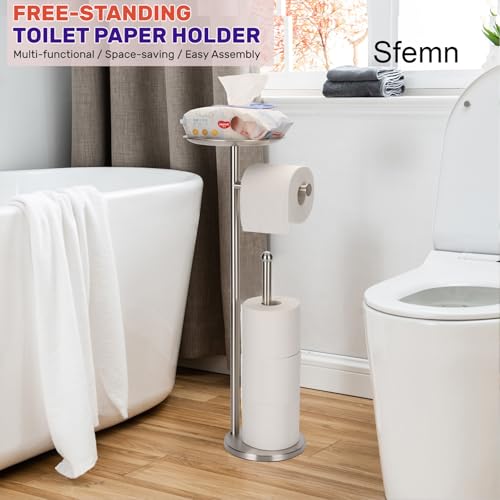 Sfemn Freestanding Toilet Paper Stand, with Shelf and Storage (Brushed Nickel) - Image 2