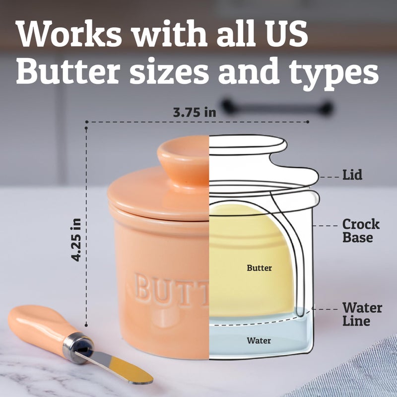 Priority Chef PriorityChef Butter Crock with Lid with Water Line, Ceramic French Butter Dish to Leave On Counter, Peach - Image 4