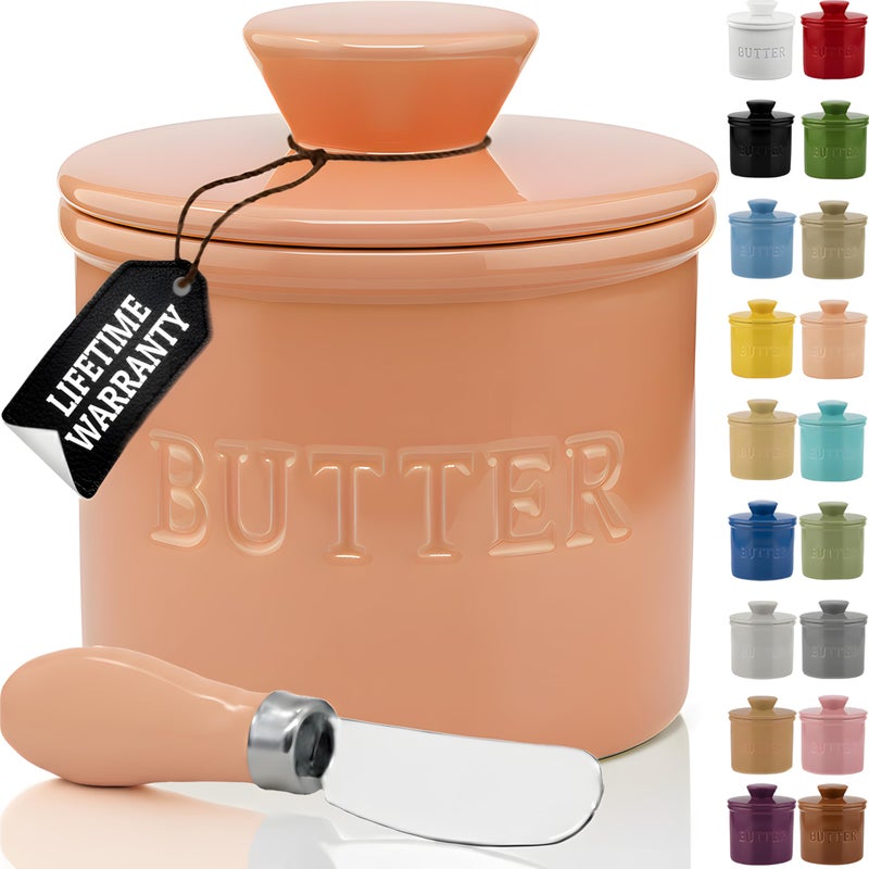 Priority Chef PriorityChef Butter Crock with Lid with Water Line, Ceramic French Butter Dish to Leave On Counter, Peach - Image 1