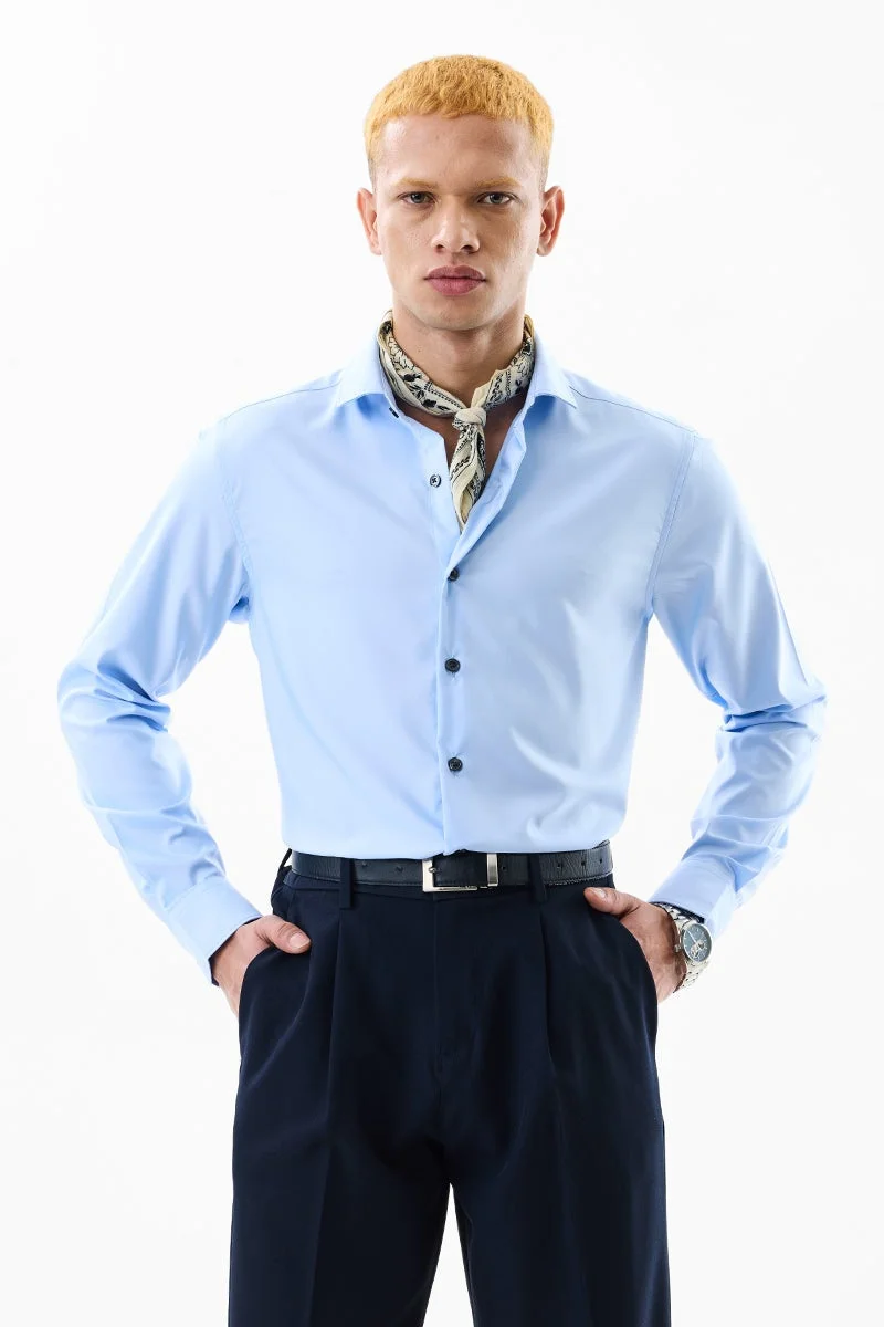 SNITCH Light Blue Solid Long Sleeve Slim Fit Formal Shirt