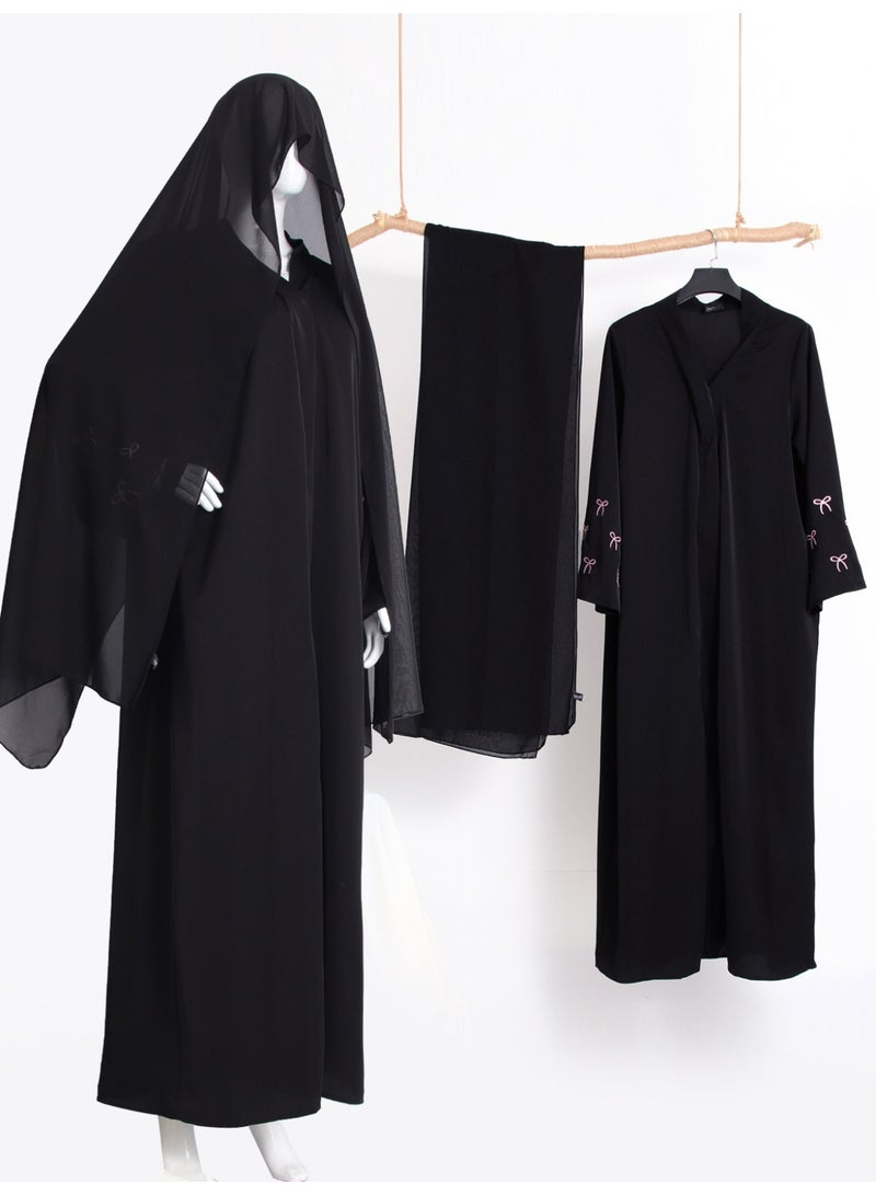 Women Open Abaya Set Bow Floral Embroidery Flared Sleeve Long Cardigan With Hijab - Image 1