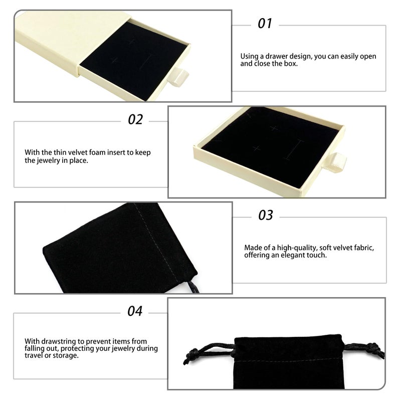 Quacc Small Jewelry Gift Box and Velvet Bag, Necklace Bracelet Earring Cardboard Organizer Square Jewellery Gift Box Pendent Storage Case for Birthday Xmas Christmas Wrapping (Beige) - Image 5