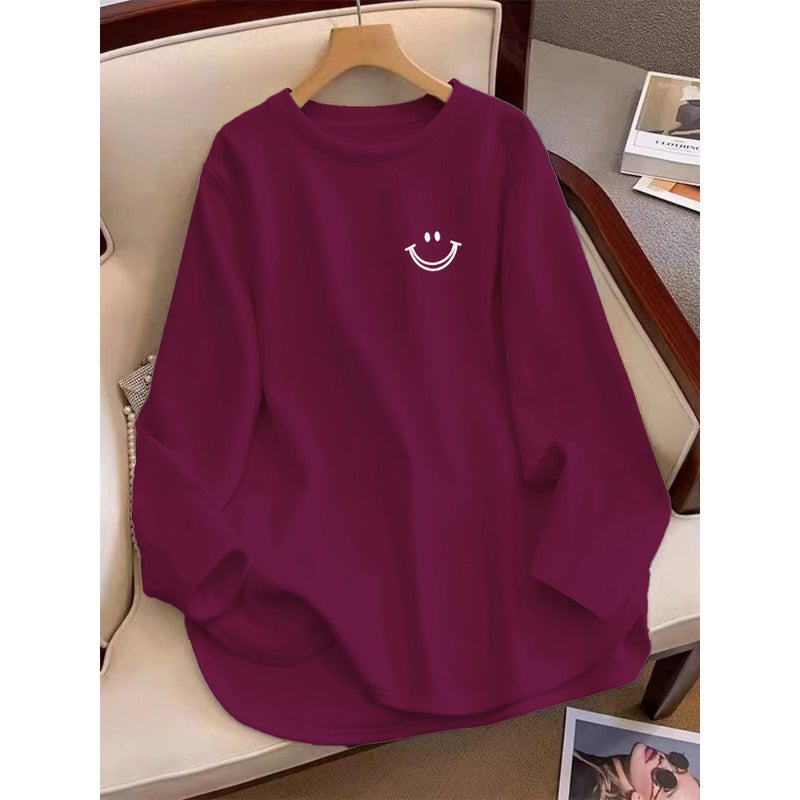 Velvet Mid-length Curved Long-sleeved T-shirt Womens Spring Autumn and Winter Inner Base Shirt Scrub Thickened Loose Slimming Top Rose red [double line smiling face-white]]