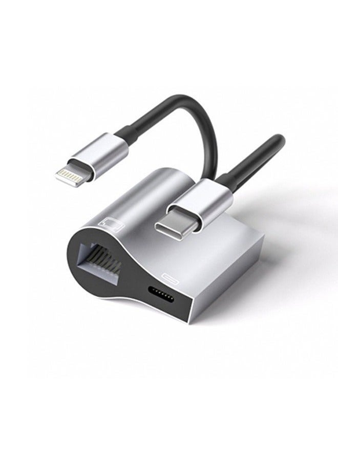 AOLION 2-IN-1 Lightning/USB Type-C to Ethernet Adapter RJ45 10/100 LAN Network Adapter with Charge Port for iPhone 14 13/iPad/Pod MacBook Pro/Air Samsung S20 Note 8/9 Galaxy Tablet Dell  - Image 1