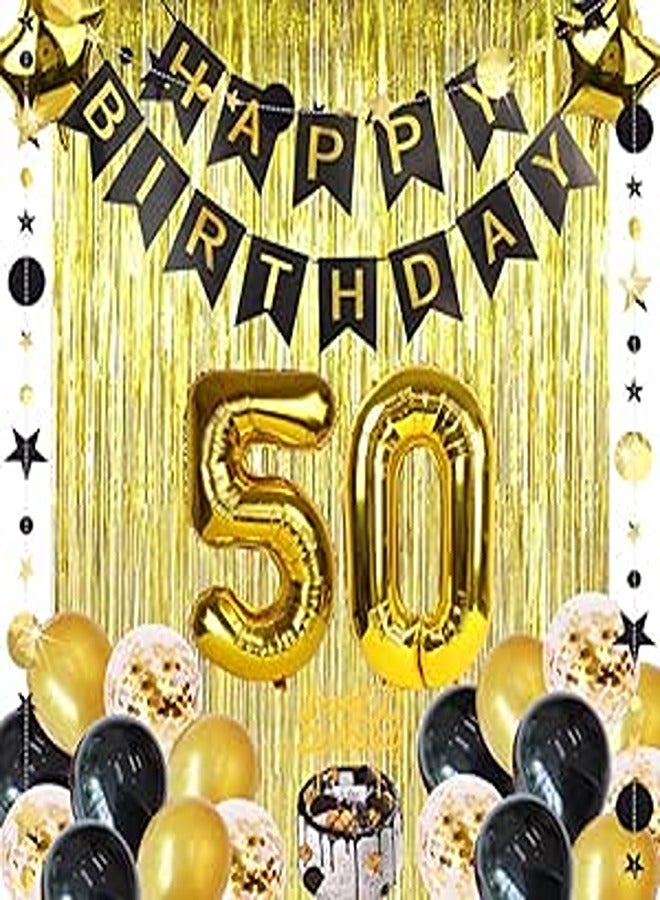 50th Birthday Decorations for Men, Happy Birthday Banner, 50th Birthday Cake Topper Gold Curtain Champagne Bottle and Goblet Balloons 50 Foil Balloon for 50th Anniversary Birthday Decor Party Backdrop