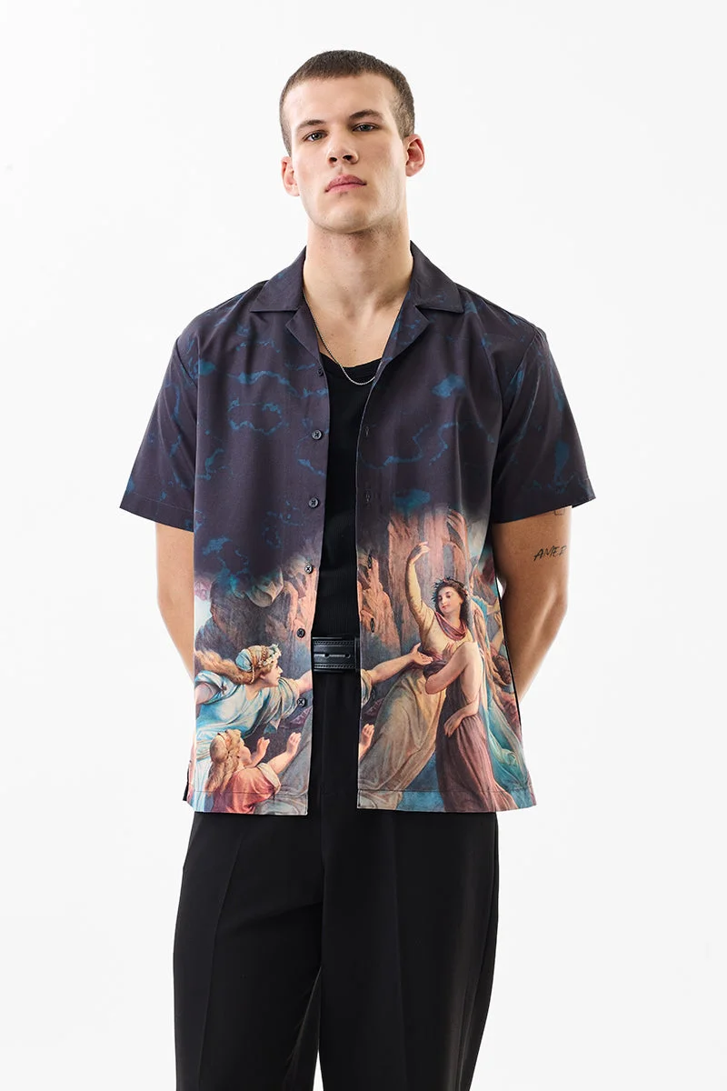 SNITCH Dark Blue Abstract Half Sleeve Boxy Shirt