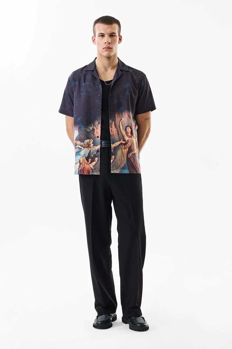 SNITCH Dark Blue Abstract Half Sleeve Boxy Shirt