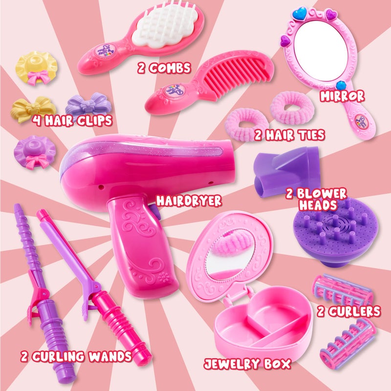 JOYIN 17Pcs Girls Beauty Salon Set, Pretend Role Play Doll Hair Stylist Toy Kit with Hairdryer, Mirror, Curling Iron and Other Accessories for Kids Toddler Fashion Cutting Makeup Party Favor - Image 2