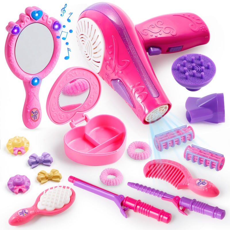 JOYIN 17Pcs Girls Beauty Salon Set, Pretend Role Play Doll Hair Stylist Toy Kit with Hairdryer, Mirror, Curling Iron and Other Accessories for Kids Toddler Fashion Cutting Makeup Party Favor - Image 1