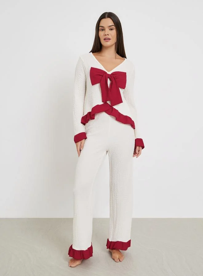 Textured Ruffle Hem Bow Front Top and Pyjama Set