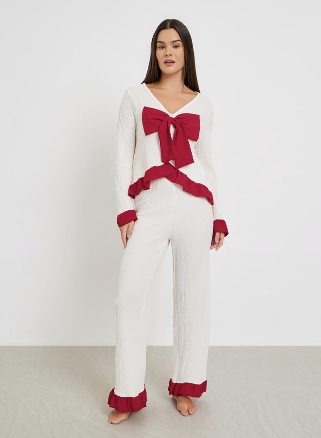 Styli Textured Ruffle Hem Bow Front Top and Pyjama Set - Image 1