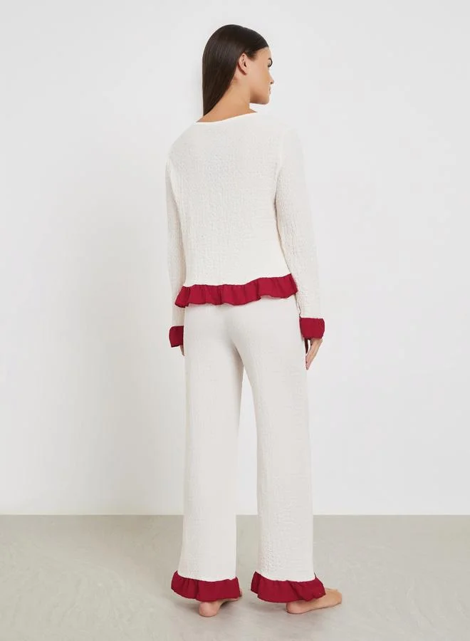 ستايلي طقم بيجاما من بنطال وبلوزة بحافة كشكش