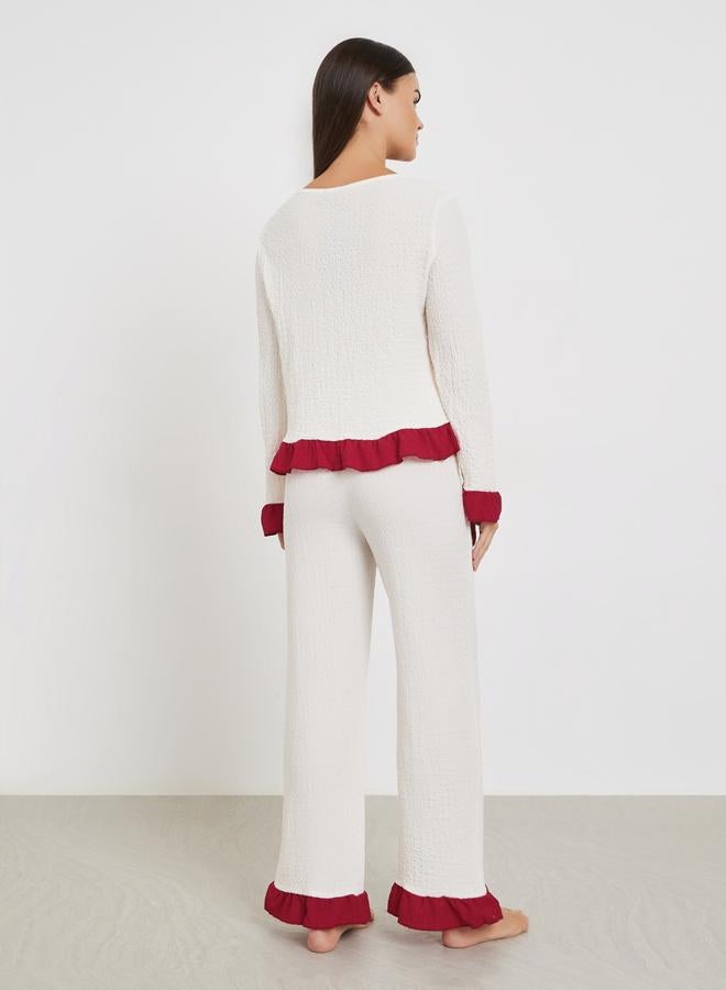 Styli Textured Ruffle Hem Bow Front Top and Pyjama Set - Image 5