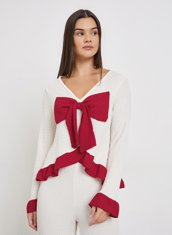 Styli Textured Ruffle Hem Bow Front Top and Pyjama Set - Image 2