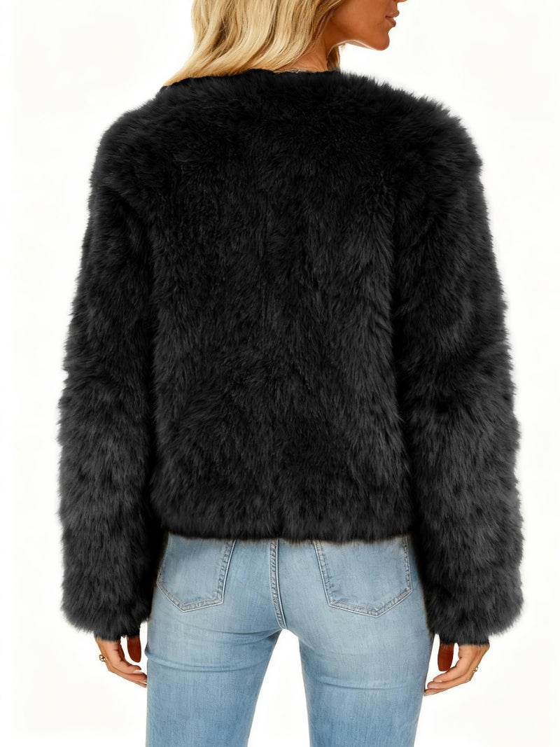 Funlingo Womens Faux Fur Coat Winter Long Sleeve Zip Up Warm Cropped Jacket Crew Neck Trendy Furry Outerwear Black XL - Image 4