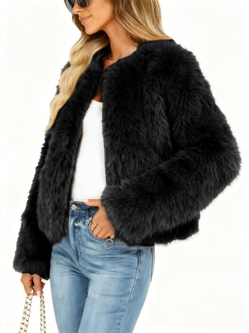 Funlingo Womens Faux Fur Coat Winter Long Sleeve Zip Up Warm Cropped Jacket Crew Neck Trendy Furry Outerwear Black XL - Image 3